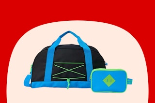 a blue, black, and green weekender bag
