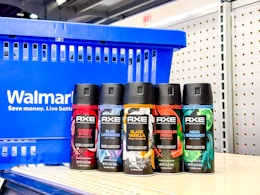 five axe body spray in front of walmart hand cart on shelf
