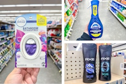 collage with febreze air freshener, dawn dish spray, and axe body wash