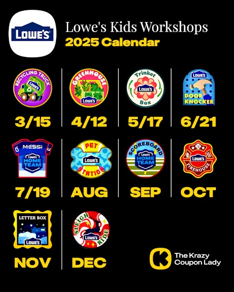 Calendar of all 2025 Lowe's Kids Workshops