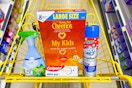 cheerios, febreze, colgate, and resolve products in a dollar general shopping cart