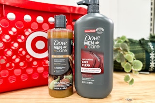 2 dove men+care body wash sitting in front of a target basket