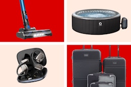 cordless stick vacuum, inflatable hot tub, translation earbud, luggage set