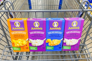Four boxes of Annies Macaroni & Cheese in Walmart shopping cart