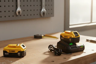 dewalt batteries and a charger on a workbench
