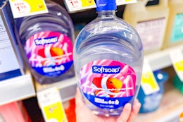 person holding a softsoap refill by the shelf