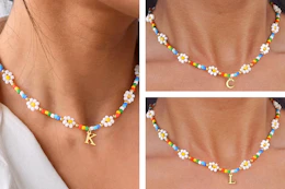 "KCL" initials on a flower beaded choker necklace (3 close up images of a women wearing each letter)