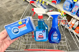 person holding sponges over a cart with window cleaner and dish spray in it