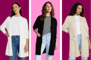 white, black, and beige women's cardigan