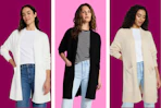 white, black, and beige women's cardigan