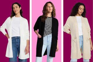 white, black, and beige women's cardigan