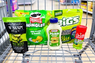 oh snap!, pringles mingles, kraft pickle mayo, bigs, orville redenbacher items in a shopping cart