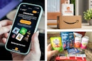 someone holding a phone showing an offer on audible, grubhub bag on an amazon box, and amazon samples