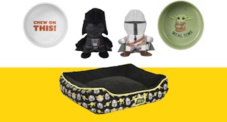 star wars themed dog bowls, toys, and bed