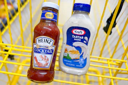 heinz cocktail sauce and kraft tartar sauce in yellow shopping cart