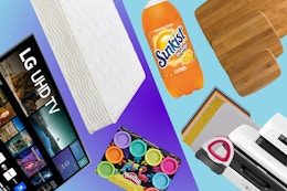 LG Smart TV, Zinus mattress, Play-Doh, Sunkist soda, Mainstays cutting board, and heat press
