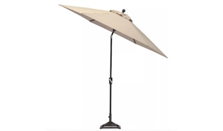 an outdoor umbrella with a cast iron base