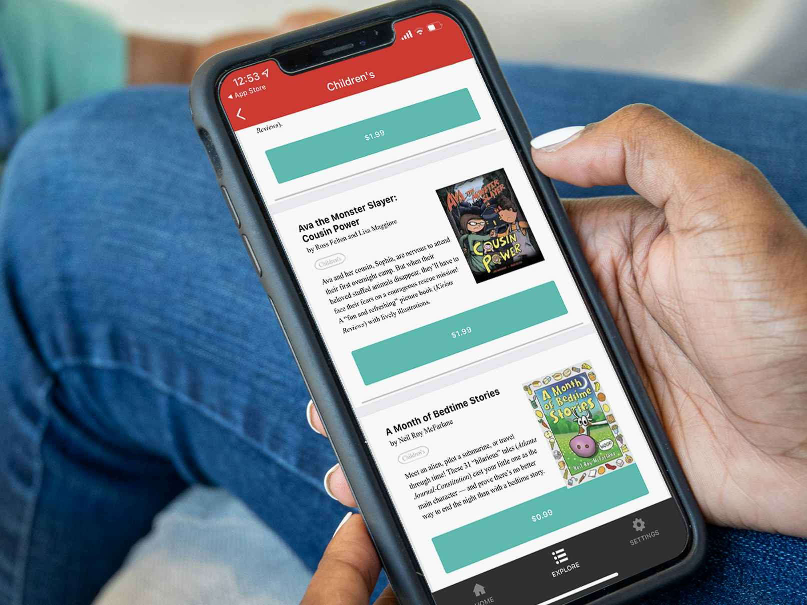 A person looking up books on the Bookbub app