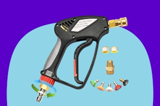 A short pressure water gun looks similar to a gasoline pump. It has a gold female connector on the front and a steel male plug at the bottom