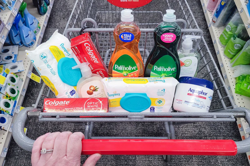 person pushing a cart with pampers wipes, colgate toothpaste, cvs beauty soap, palmolive dish soap, and aquaphor ointment in it