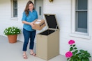 AI image created by ChatGPT of a woman taking out a package from the Cosco BoxGuard container