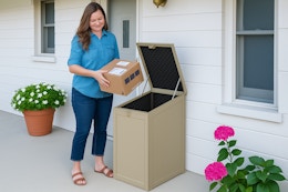 AI image created by ChatGPT of a woman taking out a package from the Cosco BoxGuard container
