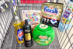 ajax dish soap, tresemme shampoo, gain flings, cinnamon toast crunch, and finish dishwasher tabs in a cart