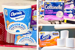 collage image of charmin, cottonelle, and scott toilet paper