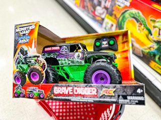 monster jam grave digger rc sitting on a target basket