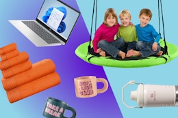 HP laptop, towels, kids on a swing, coffee mugs, stanley