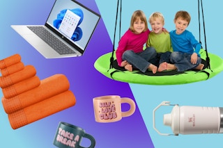 HP laptop, towels, kids on a swing, coffee mugs, stanley