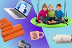 HP laptop, towels, kids on a swing, coffee mugs, stanley