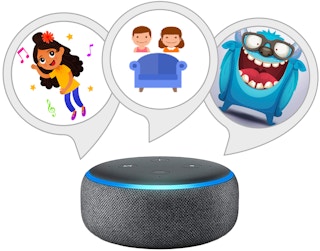Three icons for Alexa games above an Amazon Echo device