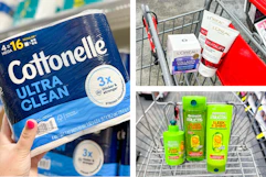collage image of cottonelle toilet paper, garnier shampoo, and loreal skincare