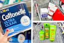 collage image of cottonelle toilet paper, garnier shampoo, and loreal skincare