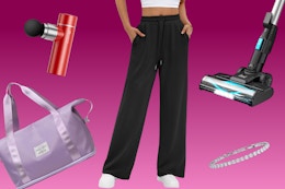 mini massager, purple tote, stick vacuum, tennis bracelet