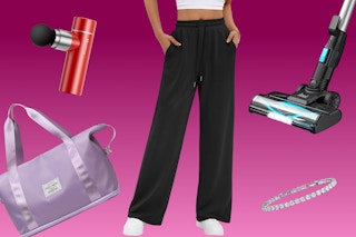 mini massager, purple tote, stick vacuum, tennis bracelet