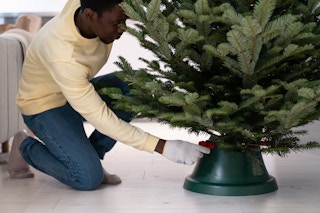 A man putting a Christmas tree into a tree stand.