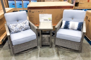 costco sunvilla simone 3 piece outdoor patio seating set on display with signage