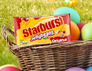 a bag of Starburst jell beans in an Easter basket