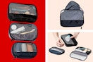 Three stock images of the Brookstone Travel 3 Piece Accessories Storage Set