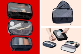 Three stock images of the Brookstone Travel 3 Piece Accessories Storage Set