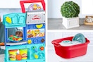 3 lifestyle images: Play-Doh toy playset, faux plant & dish bin