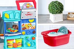 3 lifestyle images: Play-Doh toy playset, faux plant & dish bin
