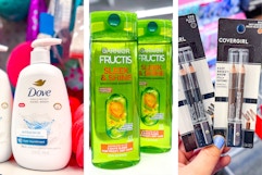 collage image of dove hand wash, garnier shampoo, and covergirl eyeliner
