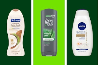 green collage with body wash bottles