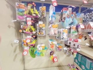 cat toy section with clearance tags