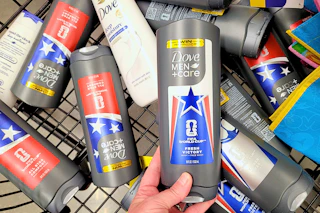 hand holding a bottle of dove men care body wash