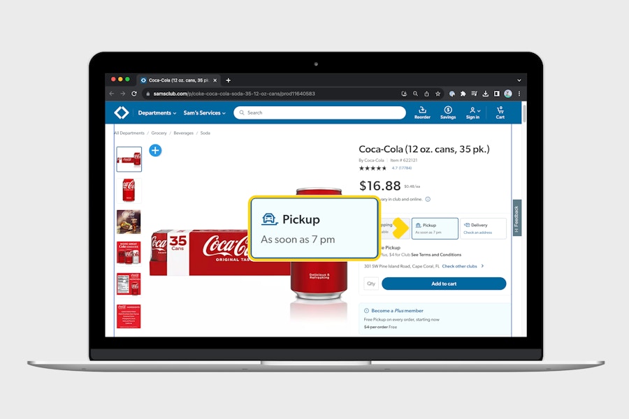 a laptop displaying a product page on Sam's Club's website highlighting the Pickup eligibility for the product