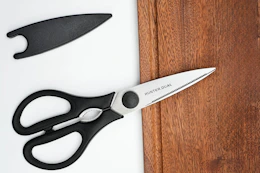 Heavy Duty Kitchen Scissors on wooden cutting board
